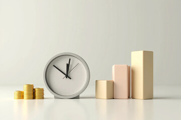 Modern clock, rising bar chart, and gold coins representing time management, financial growth, smart investment, and economic success in a clean background