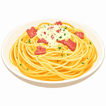 Appetizing Spaghetti Carbonara with Bacon and Parmesan Cheese in White Plate Close Up