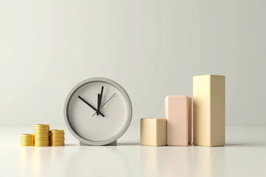 Modern clock, rising bar chart, and gold coins representing time management, financial growth, smart investment, and economic success in a clean background