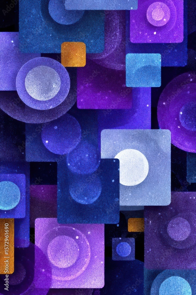 Poster Abstract geometric pattern featuring overlapping circles and squares with vibrant colors