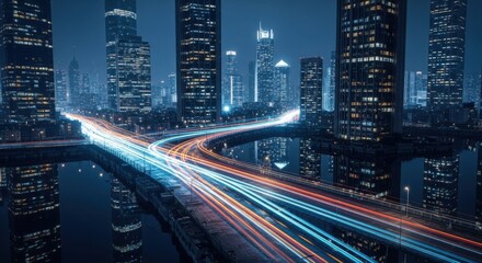 Obraz premium Vibrant Cityscape at Night Showcasing Streaking Car Lights on a Highway Overpass