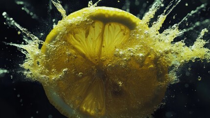 Lemon slice exploding in bubbly liquid