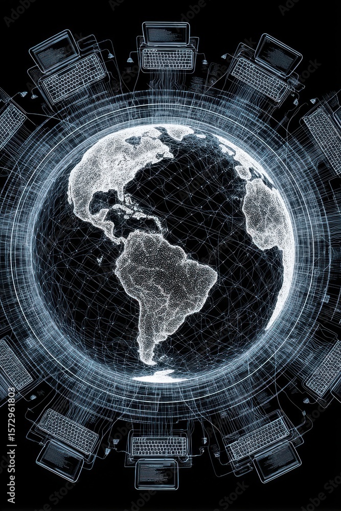 Poster digital illustration of a connected earth surrounded by networking laptops