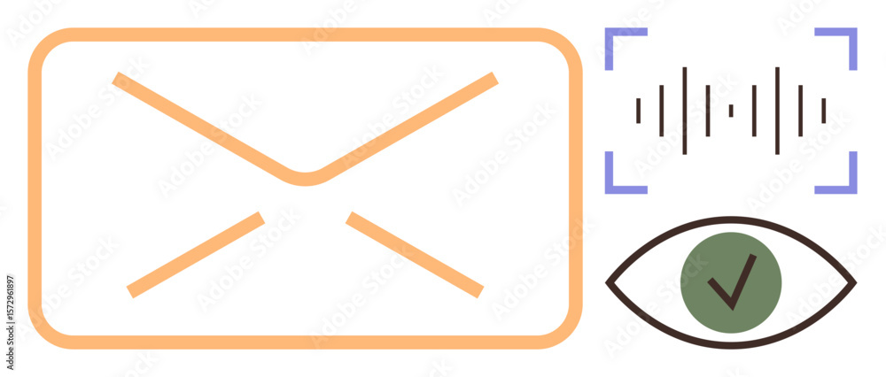Poster envelope, audio waveform, and eye with checkmark represent secure email, voice messaging, encryption