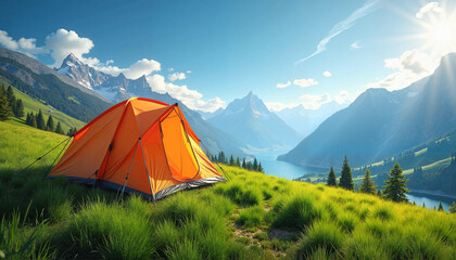 Vibrant orange tent set against lush green meadow and majestic mountains under a bright blue sky, perfect outdoor adventure escape concept.