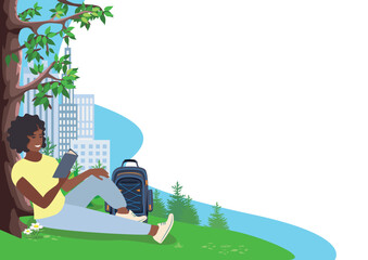 Young woman sits in the park under a tree and enthusiastically reads an interesting book. Studying and reading fiction. Vector illustration on a white background.
