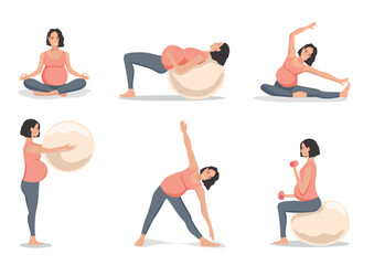 Cute beautiful pregnant woman is doing exercises with a fitball, stretching and relaxation. Sports during pregnancy. Set of vector illustrations.