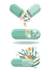Set of capsules based on medicinal plants. Phytotherapy. Alternative medicine. Vector illustration for advertising, leaflets and social networks.