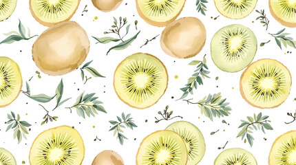 Fototapeta premium Hand-painted kiwi fruits in soft green tones, forming a playful seamless design inspired by natural textures and healthy living