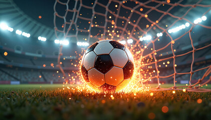 Soccer ball igniting fiery sparks as it hits the goal net under dramatic stadium floodlights, representing victory and excitement in sports.