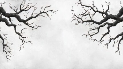 Obraz premium Detailed Black And White Illustration Of Bare Tree Branches Against A Foggy Background