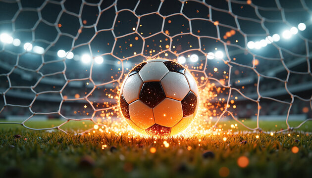 Soccer ball soaring into the net surrounded by fiery sparks in a blurred stadium backdrop, capturing the thrill of the game.