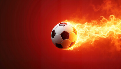 Flaming soccer ball streaking through the air, leaving a trail of fire and smoke against a deep red gradient background, dynamic sports concept