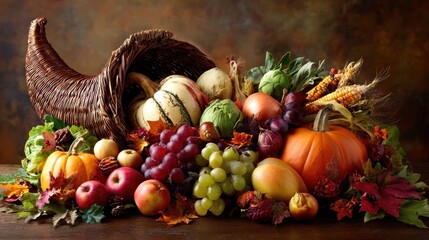 A beautiful cornucopia overflowing with autumn harvest vegetables and fruits, on a wooden table, Thanksgiving centerpiece.
