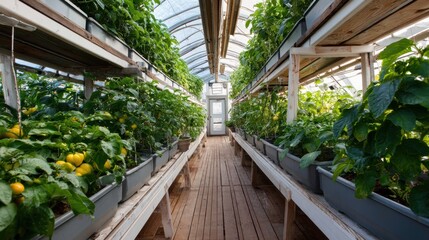 Solar-powered greenhouse with crops thriving inside