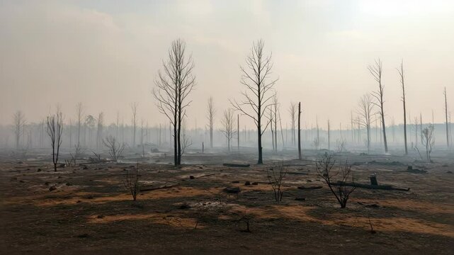 Aftermath wildfire leaves scorched landscape, devastation visible. Aftermath wildfire reveals charred remains, destroyed trees, smoldering earth, and a scene of absolute ruin.