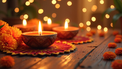Beautiful Diwali scene with glowing oil lamps and marigold flowers on a wooden surface, celebrating warmth and festivity.