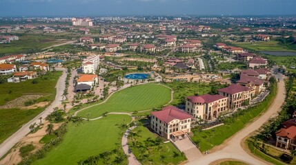 Naklejka premium Aerial view of a sprawling residential development with Mediterranean-style architecture, lush green spaces, and a swimming pool, nestled within a larger urban landscape