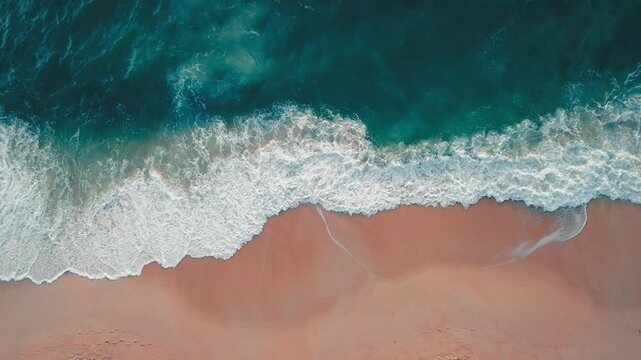 Turquoise waves kissing pink shoreline. Crashing turquoise ocean waves meet pristine sandy beach, forming mesmerizing natural scene captured from aerial perspective, showcasing beauty of coastline