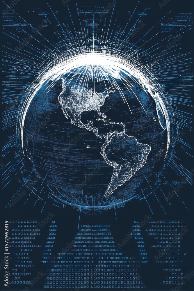 Poster digital render of earth's network connectivity with code and data representation