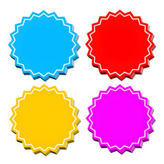 Colorful badges with glossy 3d effect  playful promotional labels for stickers, web graphics, sales tags, and decorative digital design

