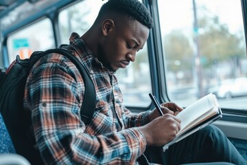 Young black man writes in a notebook while seated on a bus during daytime commute, Young black man writing in a notebook during a bus ride Cinematic