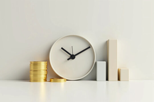Modern clock, rising bar chart, and gold coins representing time management, financial growth, smart investment, and economic success in a clean background