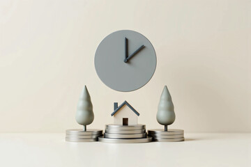 Modern clock, rising bar chart, and gold coins representing time management, financial growth, smart investment, and economic success in a clean background