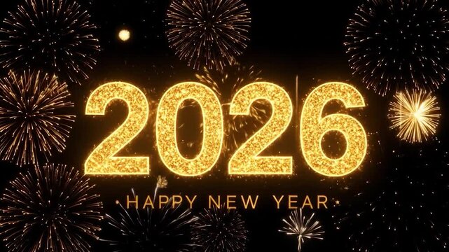 Golden "2026" and "Happy New Year" text with fireworks on black