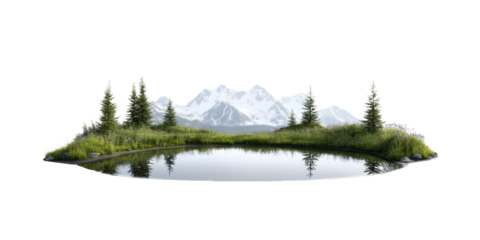 Tranquil lake reflects pine trees and snowy mountains in peaceful natural scene