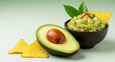 Fresh organic avocado fruit with homemade guacamole dip with tortilla chips in bowl
