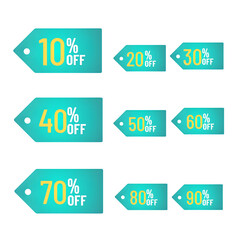 Modern teal discount tags with bold percentages 10% to 90% off promotional labels for sales, e-commerce, retail marketing and advertising design











