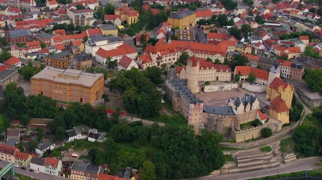 Aerial view around the old town in the city Bernburg on an sunny spring day in Germany	