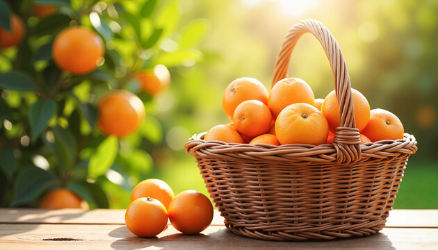 Wicker basket filled with fresh oranges on wooden table in sunlit orange grove, abundance and natural beauty concept.