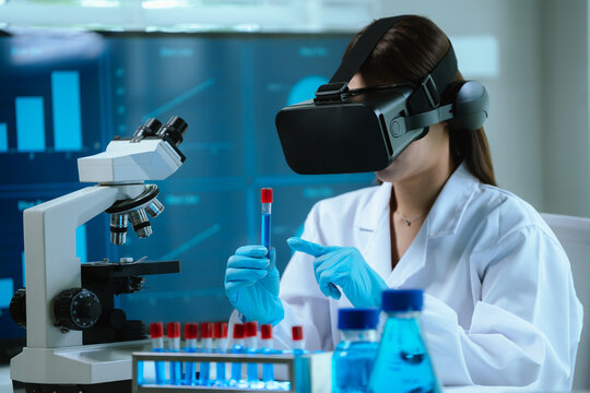 A female scientist wearing virtual reality goggles explores interactive data and medical simulations in a modern laboratory, merging advanced technology with scientific research and innovation.