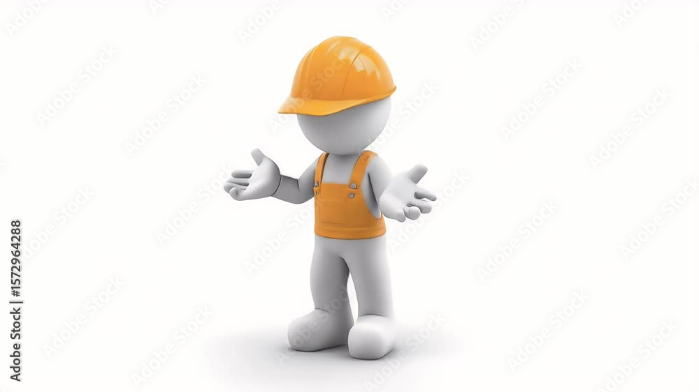 Poster 3d animated construction worker character with open arms on white background