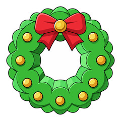 Festive green wreath red bow golden baubles Christmas decoration Christmas wreath