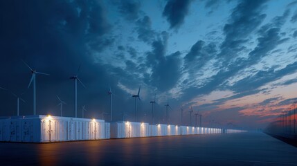 Sustainable energy battery storage plant at dusk