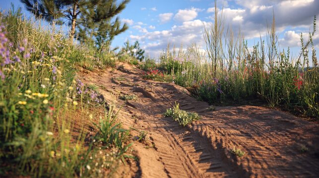 Wild trail with tire marks and herbs growing around, wide view