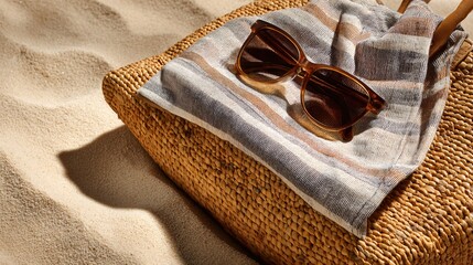 Woven beach tote with cloth napkin and sunglasses, soft shadows