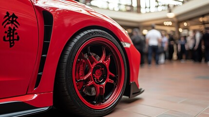 Close-up of a vibrant red sports car's modified wheel and fender, showcased indoors amidst blurred onlookers