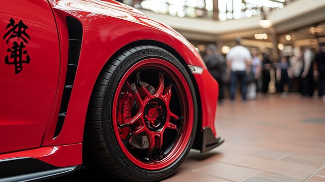 Close-up of a vibrant red sports car's modified wheel and fender, showcased indoors amidst blurred onlookers