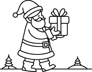 Santa claus giving a gift box lineart silhouette Vector Illustration isolated on a white background