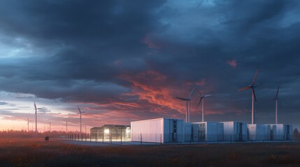 Sustainable energy battery storage plant at dusk