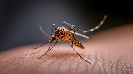Aedes Mosquito Feeds: A close-up captures an Aedes mosquito as it pierces human skin to feed, highlighting its role in disease transmission. 