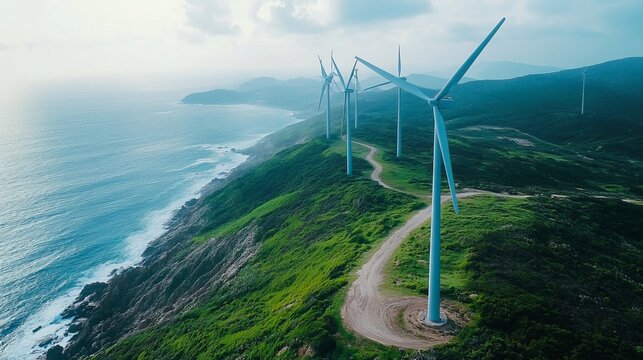 Coastal wind turbines on a lush green hillside overlooking a vast ocean, capturing clean energy - Powered by Adobe