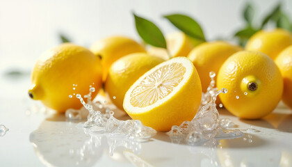 Fresh lemons with a halved fruit showcasing juicy texture on a reflective surface with dynamic water splashes, refreshing beverage concept.