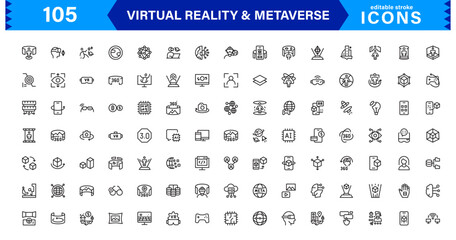 Versatile VR and Metaverse Icons. Line Art Graphics for Augmented Reality, Virtual Worlds, and Digital Interaction