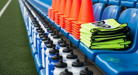 Obraz premium Sports Equipment Lined Up Ready for Athletes on Stadium Bleachers Hydration and Training Cones for Practice