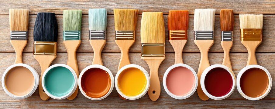 Row of paintbrushes with colorful paint jars on a wooden surface